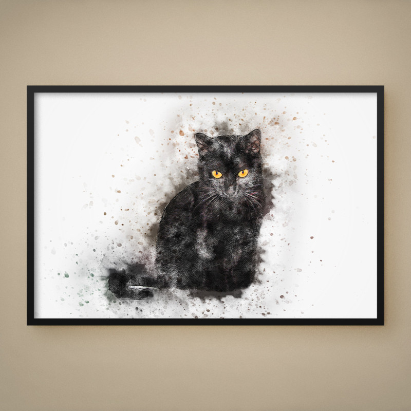 Quadro Decorativo Gato Preto Aquarela