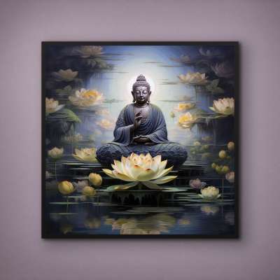 Quadro Decorativo Buda e Flores de Lótus